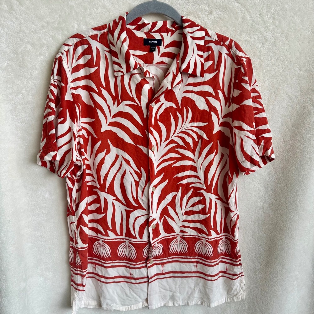 Express Men's Rust White‎ Tropical Palm Leaf Camp Collar Button Up Shirt Medium
